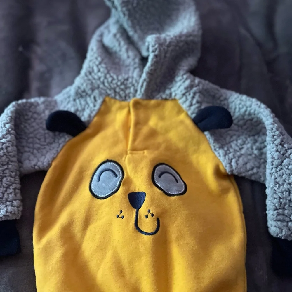 Zack & Zoey Yellow Hooded Plush Onesie with Gray Sherpa Hood